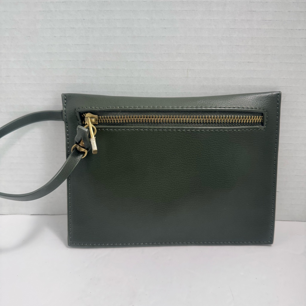 Anthropologie Leather Flat Clutch Purse CosmeticTravel Pouch Olive Green